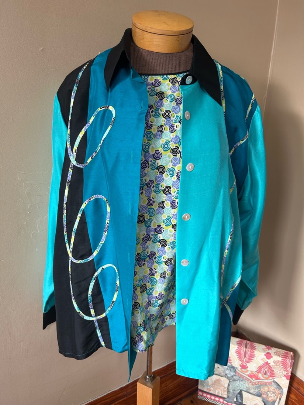 KOOS Of Course! Vintage XL 100% Silk Blouse Top Art to Wear Floral Geometric Set